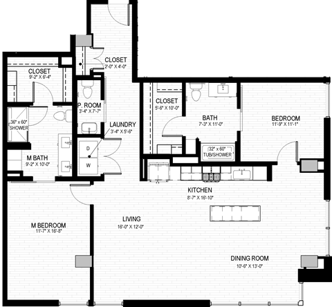 Floor plan for 2 beds, 2.5 baths, 1586 sqft